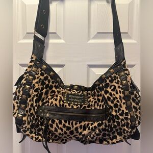 Vintage Betsey Johnson NY Velvet Leopard Print Duffel Bag with Gold Stud Detail